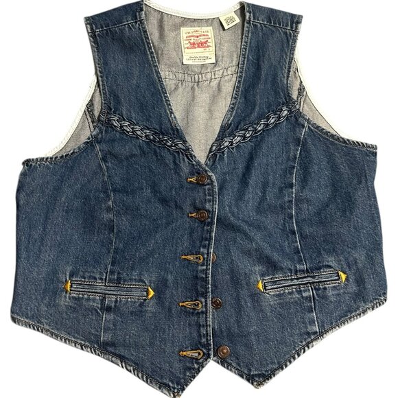 Levi’s Premium Braided Denim Vest L Dark Wash Western Boho Retro Festival - Picture 3 of 10